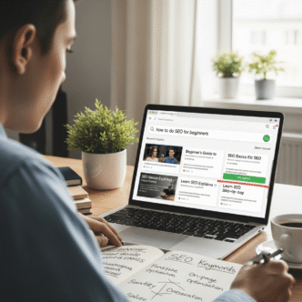 SEO basics, learner working in Laptop