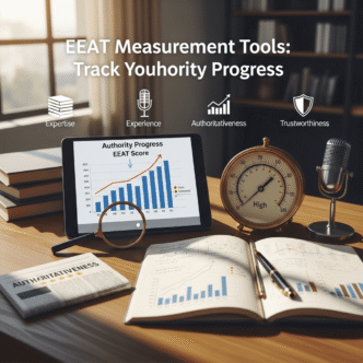 EEAT measurement dashboard displaying authority metrics, trust scores, and expertise indicators