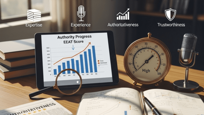 EEAT measurement dashboard displaying authority metrics, trust scores, and expertise indicators