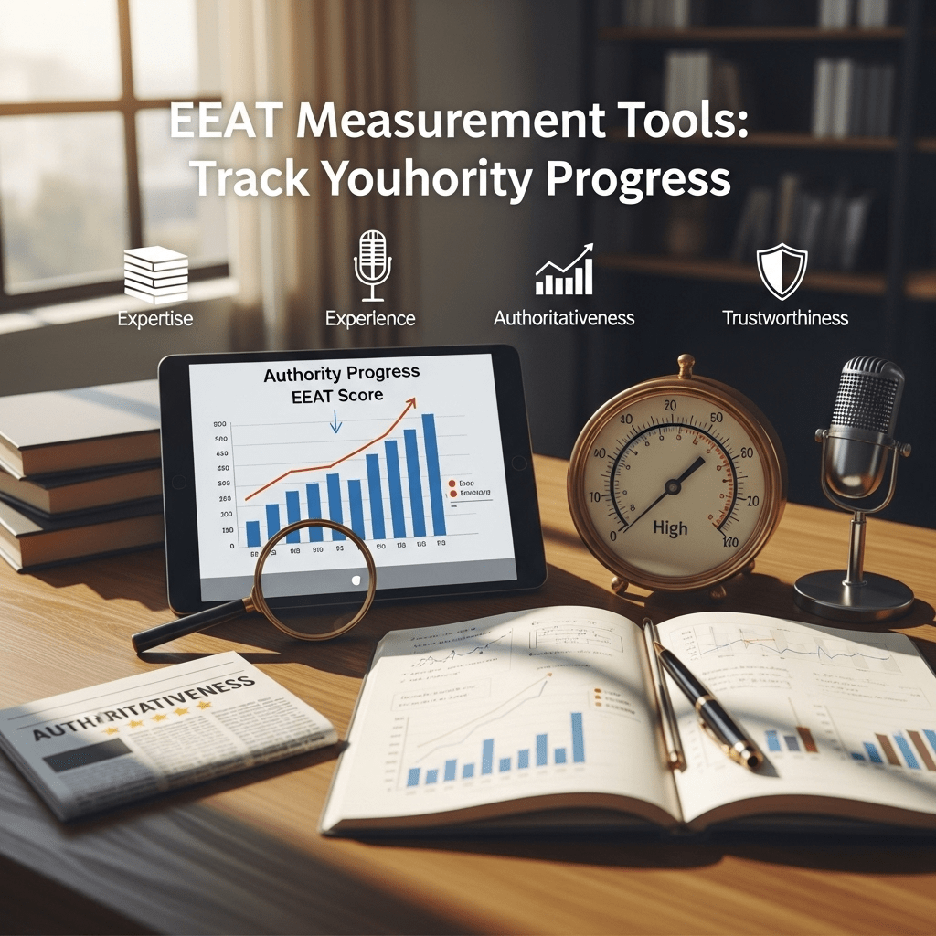 EEAT measurement dashboard displaying authority metrics, trust scores, and expertise indicators