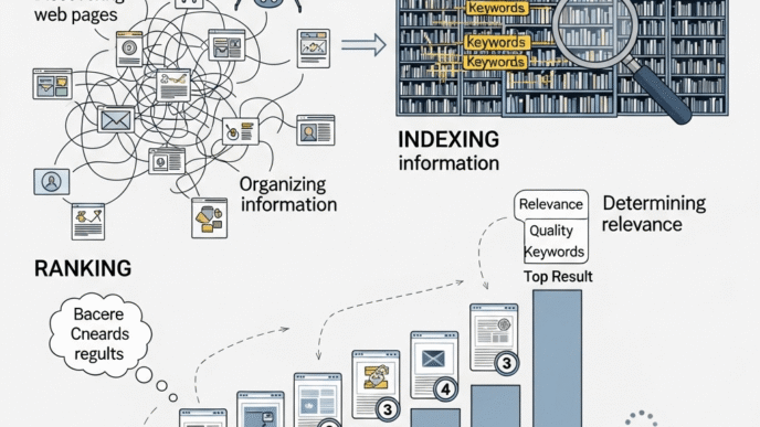 Visual diagram showing search engine crawling process with web spider indexing website