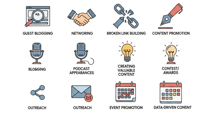 Infographic showing 15 proven backlink building strategies with icons and success metrics