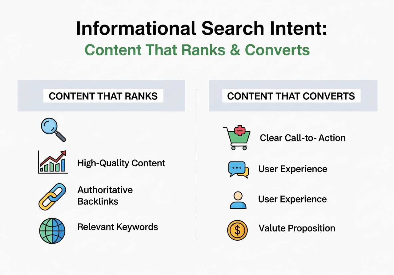 Content performance dashboard showing informational intent keywords ranking positions and traffic