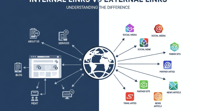 Comparison chart showing internal links pointing within site vs external links pointing to other domains