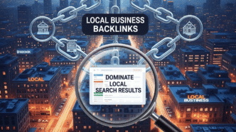 Map visualization showing local backlink sources around a business location with connection lines