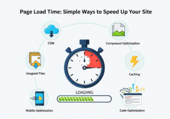 Step-by-step visual guide showing page load time optimization process with arrows and checkmarks