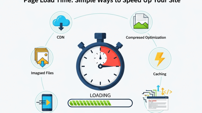 Step-by-step visual guide showing page load time optimization process with arrows and checkmarks