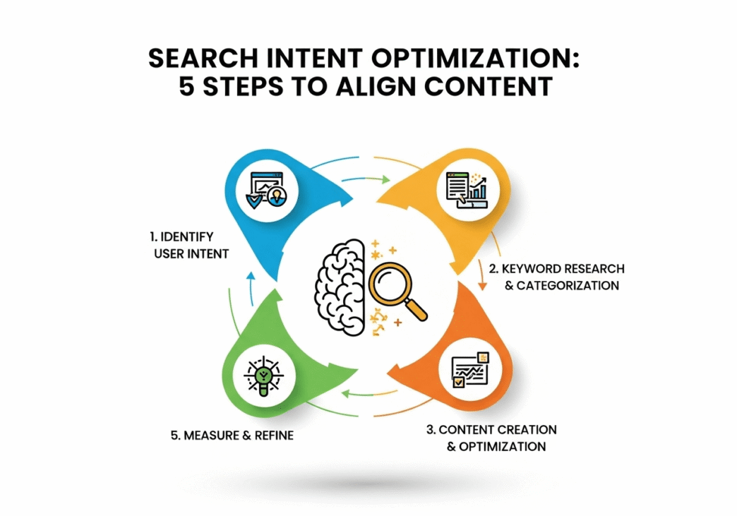 Step-by-step optimization process flowchart showing search intent analysis to content implementation workflow