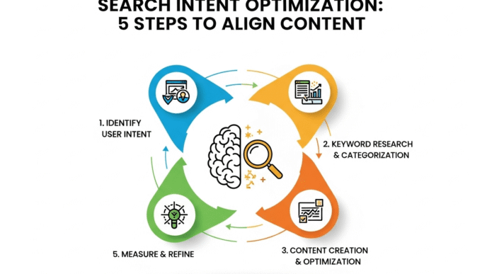 Step-by-step optimization process flowchart showing search intent analysis to content implementation workflow