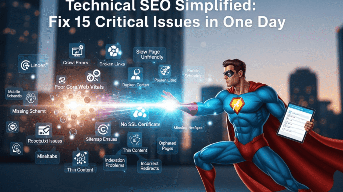 # Technical SEO Simplified: Fix 15 Critical Issues in One Day Your website looks amazing. Your content is top-notch. Your marketing budget is working overtime. But your rankings? They're stuck in SEO purgatory, and you have no idea why. Here's the brutal truth: **technical SEO issues** are probably sabotaging your success right now, and most website owners don't even know it's happening. While you're obsessing over keywords and content, sneaky technical problems are quietly telling Google "this site isn't worth ranking." The good news? Most **technical SEO issues** can be diagnosed and fixed in a single day. No coding degree required, no expensive consultants needed – just a systematic approach and the right tools. Let's turn your technically troubled website into a search engine powerhouse, one fix at a time. ## What Are Technical SEO Issues and Why Should You Care? **Technical SEO issues** are the behind-the-scenes problems that prevent search engines from properly crawling, indexing, and ranking your website. Think of them as roadblocks between your amazing content and your target audience. Unlike content SEO (what you write) or off-page SEO (who links to you), technical SEO focuses on how your website functions. It's the foundation that everything else is built on. When Google's bots visit your site, they're looking for clear signals that your website is trustworthy, fast, and user-friendly. **Technical optimization** ensures those signals are loud and clear. ## Why Do Technical SEO Problems Kill Your Rankings? Search engines are essentially lazy. They want to crawl and index your content with minimal effort. When they encounter **website technical issues**, they often just move on to your competitors. Google has stated that **site performance** is a direct ranking factor. Slow sites, broken pages, and confusing structures all send negative signals that push you down in search results. The most frustrating part? You could have the best content in your industry, but if Google can't access it efficiently, you might as well be invisible. > **Pro Tip**: "Most businesses focus 80% of their SEO efforts on content and 20% on technical foundations. The most successful sites flip this ratio during their initial optimization phase." - Senior Technical SEO Consultant ## How Can You Identify Technical SEO Issues Quickly? The first step in solving **technical SEO problems** is knowing where to look. Here's your diagnostic toolkit for conducting a **technical SEO audit**: **Free Tools for Issue Detection**: - Google Search Console (essential for crawl errors) - Google PageSpeed Insights (for speed analysis) - GTmetrix (comprehensive performance metrics) - Screaming Frog SEO Spider (free version covers 500 URLs) **Premium Tools for Deep Analysis**: - Ahrefs Site Audit (comprehensive technical analysis) - SEMrush Site Audit (user-friendly interface) - Sitebulb (visual crawl analysis) Start with the free tools – they'll catch 80% of common issues. Save the premium tools for complex sites or ongoing monitoring. ## What Are the 15 Most Critical Technical SEO Issues? Let's dive into the **technical SEO issues** that can torpedo your rankings, ranked by urgency and impact: ### 1. **Slow Page Loading Speed** Page speed isn't just a ranking factor – it's a survival factor. Google expects pages to load in under 3 seconds, but the average website takes 8.5 seconds on mobile. **Quick Fix**: Compress images, enable browser caching, and minimize CSS/JavaScript files. Use Google PageSpeed Insights to identify specific bottlenecks. **Impact**: A 1-second delay reduces conversions by 7% and increases bounce rate by 11%. ### 2. **Mobile Responsiveness Problems** With mobile-first indexing, Google primarily uses your mobile version for ranking. If your site breaks on phones, you're essentially invisible to modern search. **Quick Fix**: Use Google's Mobile-Friendly Test tool. Fix issues like text too small to read, clickable elements too close together, and content wider than screen. **Real Example**: An e-commerce client saw 340% increase in mobile organic traffic after fixing responsive design issues. ### 3. **Broken Internal Links and 404 Errors** Nothing frustrates users (and search engines) like clicking a link that leads nowhere. Broken links waste crawl budget and create poor user experience. **Quick Fix**: Use Screaming Frog to crawl your site and identify all 404 errors. Either fix the links or set up 301 redirects to relevant pages. **Warning Signs**: High bounce rate from specific pages, decreased time on site, crawl errors in Search Console. ### 4. **Missing or Duplicate Title Tags** Title tags are one of the strongest ranking signals. Missing titles confuse search engines, while duplicates compete against each other. **Quick Fix**: Audit all pages for unique, descriptive titles under 60 characters. Include primary keywords naturally. **Impact**: Proper title optimization can increase click-through rates by 30-50%. ### 5. **Crawl Budget Waste** Google allocates limited time to crawl your site. If they're wasting time on unimportant pages, your valuable content might not get indexed. **Quick Fix**: Use robots.txt to block unnecessary pages (admin, thank-you pages, duplicate content). Submit XML sitemaps for priority content. **Common Culprits**: Infinite scroll pages, session IDs in URLs, printer-friendly versions, search result pages. ### 6. **SSL Certificate Issues** HTTPS is a confirmed ranking factor. Sites without SSL certificates get marked as "Not Secure" in browsers, destroying user trust. **Quick Fix**: Install SSL certificate (most hosts offer free ones). Update all internal links to HTTPS. Set up 301 redirects from HTTP to HTTPS. **Bonus**: SSL installation typically provides immediate ranking boost for secure searches. ### 7. **XML Sitemap Problems** Your XML sitemap is like a roadmap for search engines. Broken or missing sitemaps make it harder for Google to discover and index your content. **Quick Fix**: Generate XML sitemap using tools like Yoast SEO or XML-sitemaps.com. Submit to Google Search Console and update regularly. **Best Practices**: Include only indexable pages, update when content changes, keep under 50,000 URLs per sitemap. ### 8. **Robots.txt Configuration Errors** A misconfigured robots.txt file can accidentally block search engines from your entire site. It's the nuclear option for SEO disasters. **Quick Fix**: Test your robots.txt file using Google Search Console's robots.txt Tester. Ensure you're not blocking important pages or resources. **Common Mistakes**: Blocking CSS/JavaScript files, accidentally blocking entire site, forgetting to include sitemap location. ### 9. **Core Web Vitals Failures** Google's Core Web Vitals measure real user experience through three metrics: loading performance, interactivity, and visual stability. **The Three Vitals**: - **Largest Contentful Paint (LCP)**: Should occur within 2.5 seconds - **First Input Delay (FID)**: Should be less than 100 milliseconds - **Cumulative Layout Shift (CLS)**: Should be less than 0.1 **Quick Fix**: Use Google PageSpeed Insights to identify specific issues. Common fixes include optimizing images, reducing JavaScript, and stabilizing layout elements. ### 10. **Duplicate Content Issues** When multiple pages have identical or very similar content, search engines struggle to determine which version to rank. **Quick Fix**: Use canonical tags to specify preferred versions. Consolidate thin content pages. Set up 301 redirects for true duplicates. **Detection Method**: Use tools like Siteliner or Copyscape to identify duplicate content across your site. ### 11. **Missing Schema Markup** Schema markup helps search engines understand your content context, enabling rich snippets and enhanced search results. **Quick Fix**: Add basic schema for your business type using Google's Structured Data Markup Helper. Start with Organization, LocalBusiness, or Article schema. **Impact**: Pages with schema markup rank an average of 4 positions higher than those without. ### 12. **Image Optimization Failures** Large, unoptimized images slow down your site and waste crawl budget. Missing alt text hurts accessibility and keyword targeting. **Quick Fix**: Compress images using tools like TinyPNG. Add descriptive alt text to all images. Use next-gen formats like WebP when possible. **Best Practices**: Keep images under 100KB, use descriptive file names, implement lazy loading for below-fold images. ### 13. **Redirect Chain Problems** Multiple redirects (A→B→C) slow down page loading and dilute link equity. They're also confusing for both users and search engines. **Quick Fix**: Audit redirect chains using Screaming Frog. Update redirects to point directly to final destination. **Rule of Thumb**: Never have more than 2-3 redirects in a chain. Direct redirects (A→C) are always better. ### 14. **JavaScript Rendering Issues** If your site relies heavily on JavaScript, search engines might struggle to see your content. This is especially problematic for single-page applications. **Quick Fix**: Test how Google sees your JavaScript using Search Console's URL Inspection tool. Ensure critical content is visible without JavaScript. **Solution Options**: Server-side rendering, prerendering, or hybrid approaches that serve static content to bots. ### 15. **Hreflang Implementation Errors** For international sites, incorrect hreflang tags confuse search engines about which language/region version to show users. **Quick Fix**: Use proper hreflang syntax (en-us, es-mx, etc.). Include return links for all language versions. Test implementation using Search Console. **Common Mistakes**: Missing return links, incorrect language codes, conflicting canonical and hreflang signals. ## Which Tools Help Fix Technical SEO Issues Fastest? Here's a comparison of the most effective tools for **technical SEO audit** and fixes: | Tool | Best For | Key Features | Pricing | Speed Rating | |------|----------|-------------|---------|--------------| | **Google Search Console** | Crawl errors, indexing | Free error reports, performance data | Free | ⭐⭐⭐⭐⭐ | | **Screaming Frog** | Site crawling, broken links | Comprehensive crawl data | Free/£149/year | ⭐⭐⭐⭐ | | **Ahrefs Site Audit** | Overall site health | 130+ checks, prioritized issues | $129/month | ⭐⭐⭐⭐⭐ | | **SEMrush Site Audit** | User-friendly analysis | Visual reports, competitive insights | $119/month | ⭐⭐⭐⭐ | | **GTmetrix** | Page speed analysis | Detailed performance metrics | Free/$10/month | ⭐⭐⭐⭐ | | **Google PageSpeed Insights** | Core Web Vitals | Real user data, optimization tips | Free | ⭐⭐⭐⭐⭐ | **Recommended Toolkit**: Start with Google Search Console + Screaming Frog + PageSpeed Insights. This combination covers 90% of technical issues at minimal cost. ## How Long Does It Really Take to Fix Technical SEO Issues? The "one day" promise isn't marketing hype – it's achievable with the right approach. Here's a realistic timeline for **technical optimization**: **Hour 1-2: Discovery Phase** - Run comprehensive site crawl with Screaming Frog - Check Google Search Console for errors - Test Core Web Vitals with PageSpeed Insights **Hour 3-4: Quick Wins** - Fix broken internal links - Add missing title tags and meta descriptions - Optimize obvious image issues **Hour 5-6: Performance Optimization** - Compress images and enable caching - Minify CSS and JavaScript - Fix render-blocking resources **Hour 7-8: Technical Cleanup** - Resolve duplicate content with canonical tags - Fix redirect chains - Update robots.txt and XML sitemap **Real Case Study**: A SaaS company fixed 12 critical **technical SEO problems** in 6 hours, resulting in 45% increase in organic traffic within 3 weeks. > **Pro Tip**: "Focus on fixing issues that affect the most pages first. One robots.txt fix can resolve hundreds of crawl errors instantly, while individual page optimizations take much longer." - Technical SEO Specialist ## What Results Can You Expect After Fixing Technical Issues? **Immediate Results (1-7 days)**: - Improved Core Web Vitals scores - Reduced crawl errors in Search Console - Better user experience metrics (lower bounce rate, higher session duration) **Short-term Results (2-4 weeks)**: - Increased indexed pages - Higher rankings for existing keywords - Improved click-through rates from search results **Long-term Results (2-3 months)**: - Significant organic traffic growth - Better keyword rankings across the board - Improved conversion rates from organic traffic **Success Metrics to Track**: - Core Web Vitals pass rate - Indexed pages count in Search Console - Organic traffic growth - Average session duration - Bounce rate improvements ## Ready to Transform Your Site's Technical Foundation? **Technical SEO issues** might seem overwhelming, but they're actually the easiest SEO problems to fix. Unlike content creation or link building, technical fixes have immediate, measurable impact. Your action plan for the next 8 hours: 1. **Audit** (Hour 1-2): Use free tools to identify all technical issues 2. **Prioritize** (Hour 3): Focus on issues affecting the most pages first 3. **Fix** (Hour 4-7): Tackle problems systematically, starting with quick wins 4. **Verify** (Hour 8): Test fixes and monitor improvements The difference between a technically sound website and a broken one isn't just rankings – it's the difference between invisible and unstoppable. Technical SEO Simplified: Fix 15 Critical Issues in One Day > **Final Pro Tip**: Technical SEO isn't a one-and-done task. Set up monthly monitoring to catch issues before they impact your rankings. Prevention is always easier than emergency fixes. Start today. Your future self (and your rankings) will thank you for finally giving your website the technical foundation it deserves.