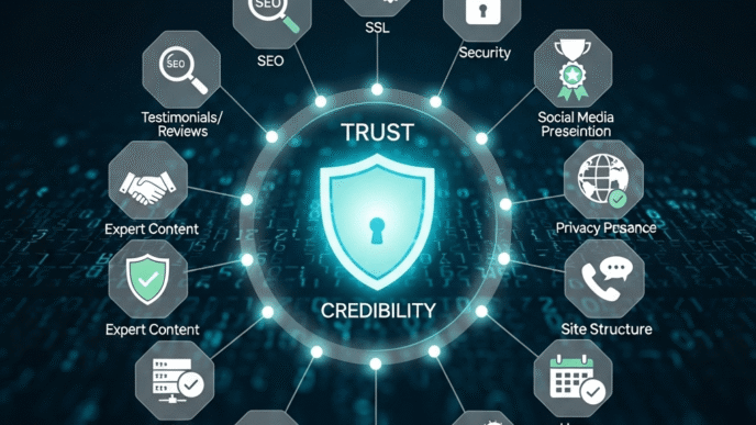 Website trust signals checklist including SSL, contact info, privacy policy, and testimonials