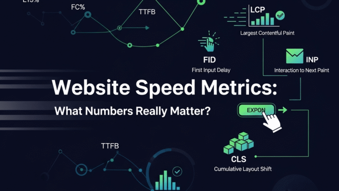 Dashboard screenshot displaying various website speed metrics with explanatory labels and benchmarks