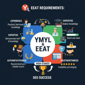 YMYL content categories including health, finance, and safety with EEAT requirements checklist