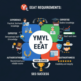 YMYL content categories including health, finance, and safety with EEAT requirements checklist