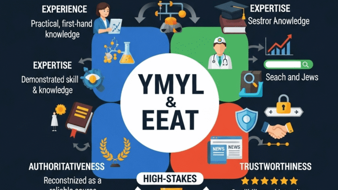 YMYL content categories including health, finance, and safety with EEAT requirements checklist